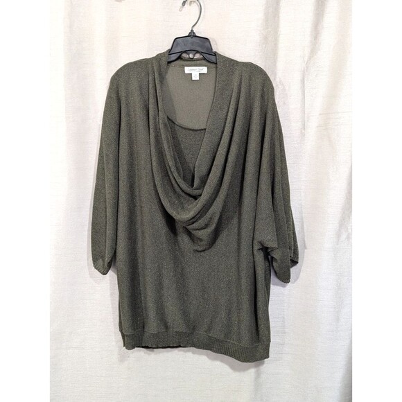 Coldwater Creek Women's 2X Knit Green Gold Sparkly Cowl Neck Top Festive Holiday - Picture 2 of 16
